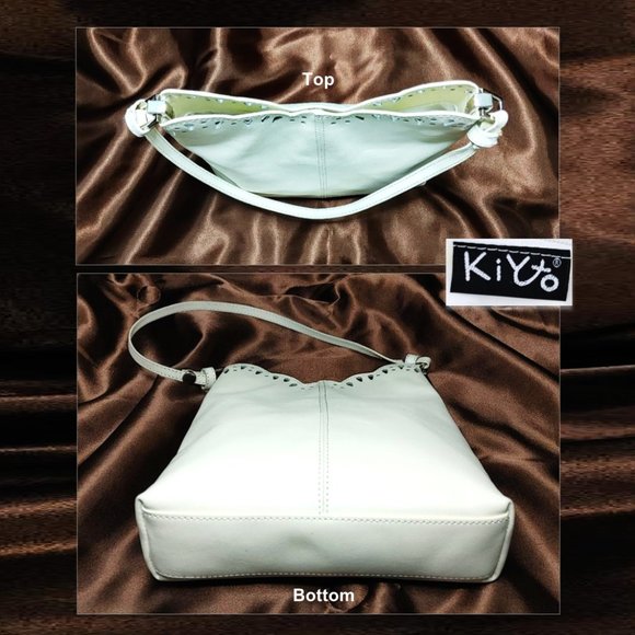 KIYTO Japan white Leather Satchel Perforated Scalloped Edge Shoulder Bag Purse - Picture 7 of 11